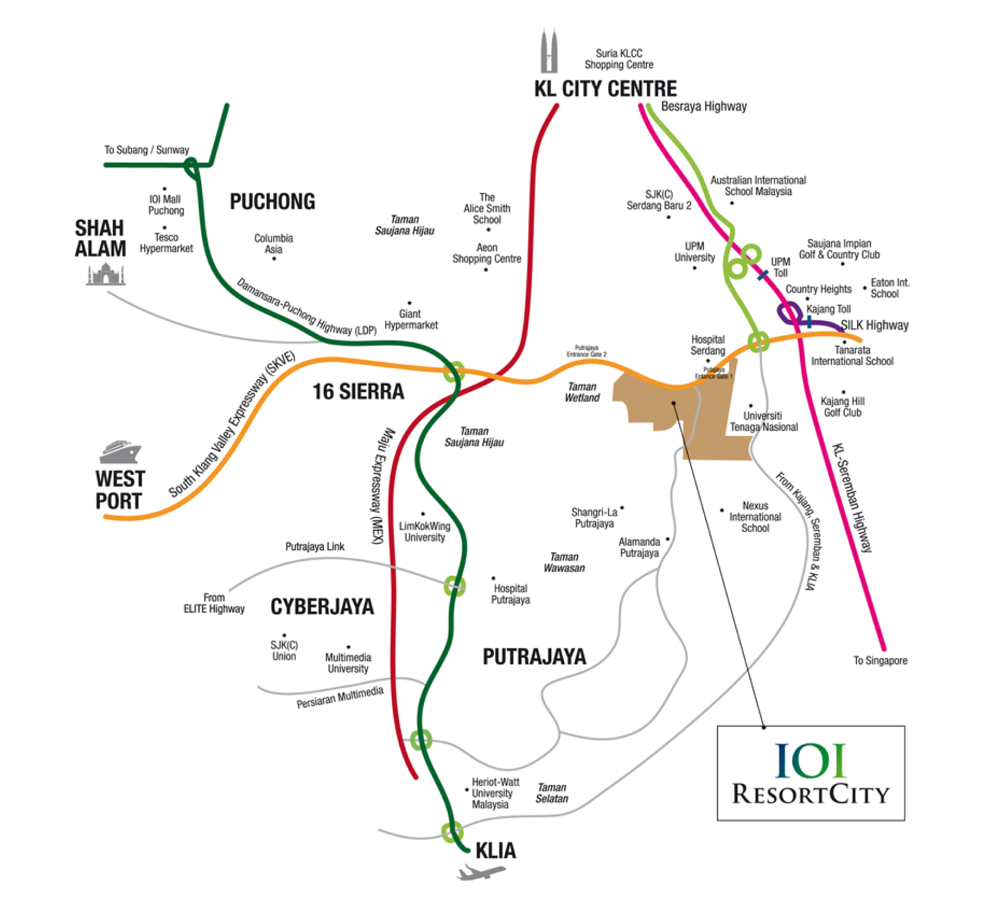 IOI Resort City location map showing connectivity to KL City Centre, Puchong, Shah Alam, Cyberjaya and KLIA, plus nearby schools, hospitals and malls